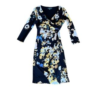 Ralph Lauren Black Yellow multi Floral Ruched Faux Wrap Dress V Neck Size 2
